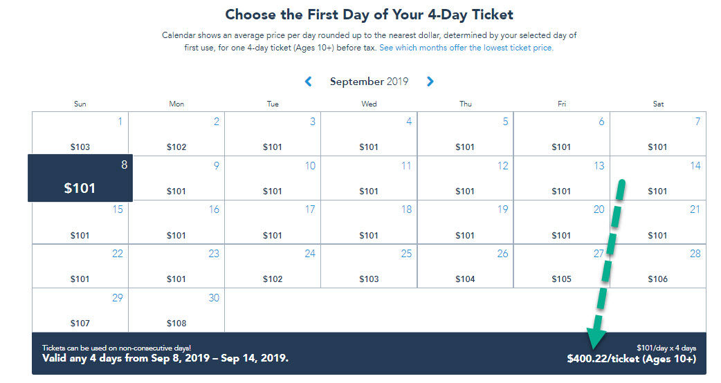 disney world ticket price calendar